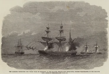The Alabama destroying the Texan Star, or Martaban, in the Malacca Straits, the Kwan-Tung, Chinese War-Steamer, in the Distance